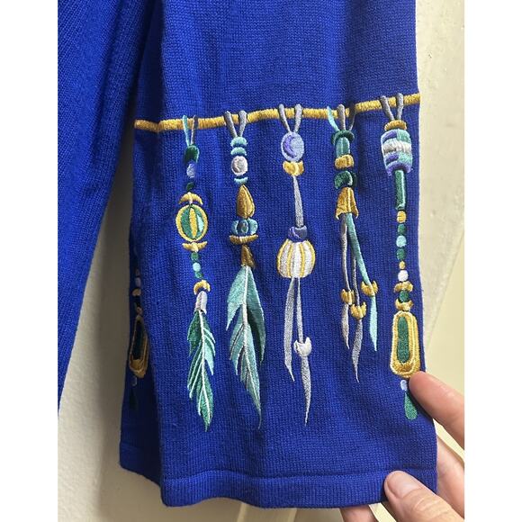 vintage Bob Mackie Wearable Art Blue Embroidered Feather Bead Cardigan Sweater M - Picture 3 of 5